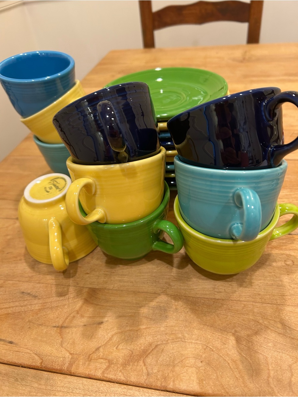Fiestaware Ceramic Teacup and Saucer Set - Blue, Yellow, Green, Turquoise